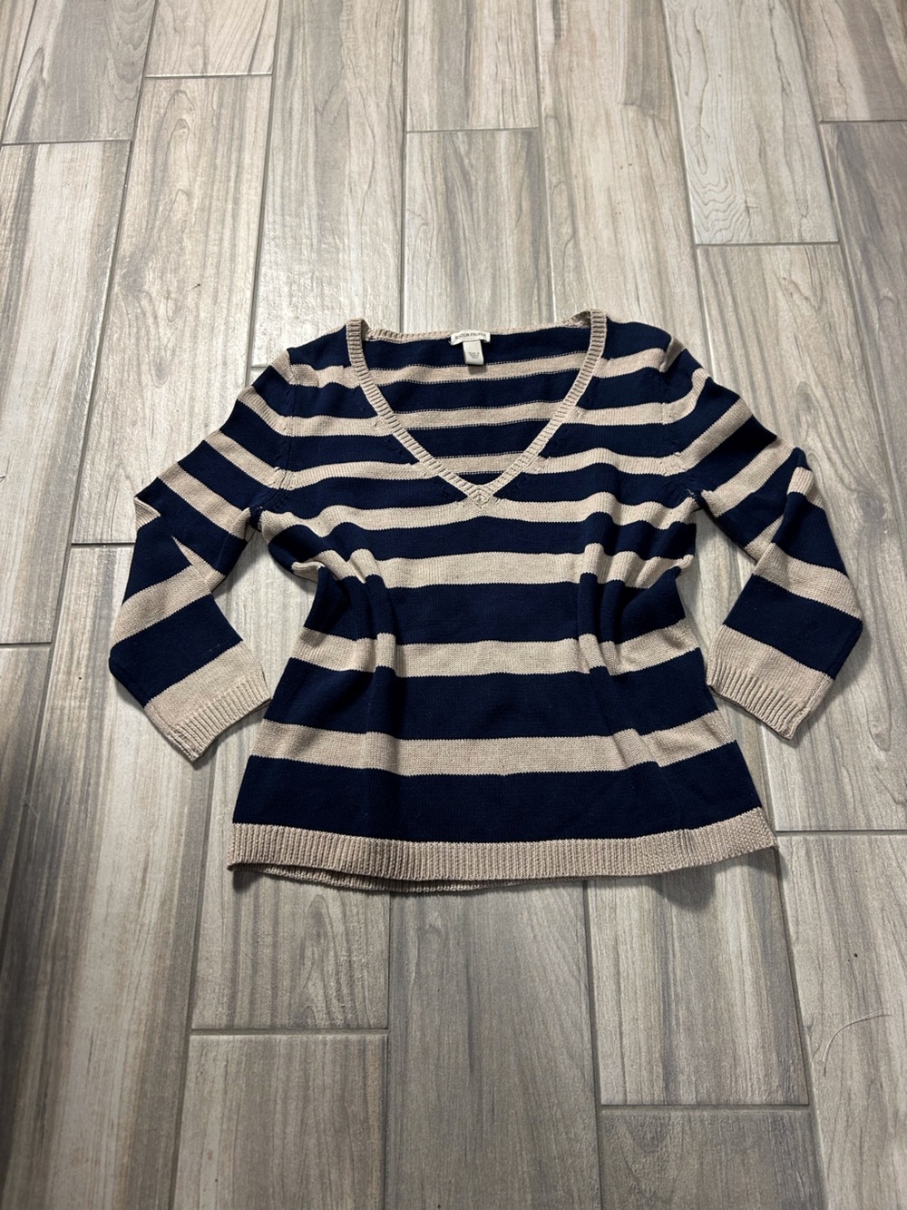 Horizontal Striped V-Neck Sweater Pullover Navy Beige M Nautical Coastal